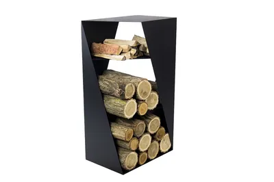 A black metal firewood rack filled with logs.