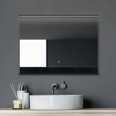 Produktbild von Badspiegel mit Beleuchtung Talos Black Home 80 x 60 cm Wandspiegel mit Ablage - eleganter Touchschalter - Lichtspiegel mit Lichtfarbe Neutralweiß - Badezimmerspiegel