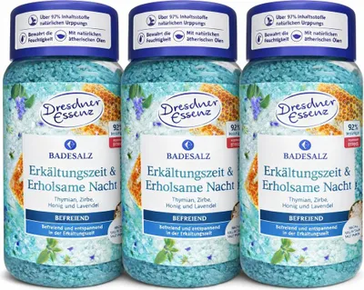 Produktbild von 3x600 g Dresdner Essenz Badesalz Erkältungszeit & Erholsame Nacht