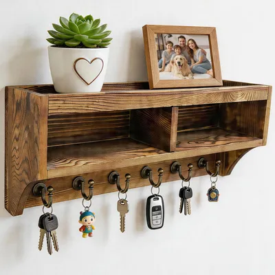 Produktbild von Schlüsselbrett aus Holz mit Ablage und 6 Haken, Organizer für Eingangsbereich, Flur, Wohnzimmer, Büro, braun