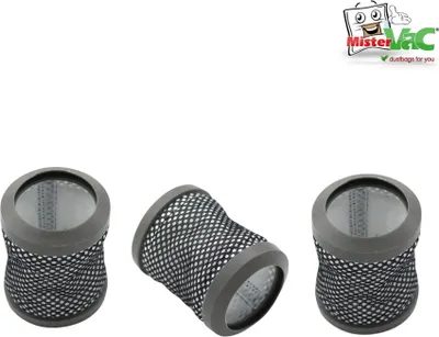 Three vacuum cleaner filters are displayed on a white background, with a logo in the top right corner.