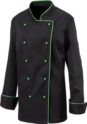 Produktbild von Damenkochjacke langarm, taillert, Fb. schwarz, Paspel lemongreen, Gr. S : S : 65% Polyester 35%Baumwolle 220 g/m² : lemon green