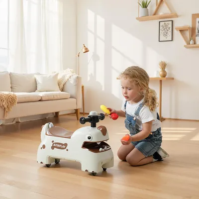 Produktbild von Rutschauto Dinosaurier-Design, Rutscher Kinderfahrzeug, Kunststoff Metall, Cremeweiß | 52x24x38 cm | LED-Lenkrad & 6 Sounds | 18–36 Monate
