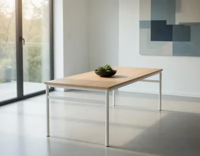 Immagine prodotto di Tavolo da pranzo moderno in legno di faggio chiaro con struttura in metallo bianco