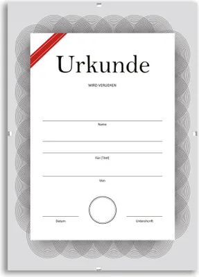 A certificate template with decorative border and red ribbon.