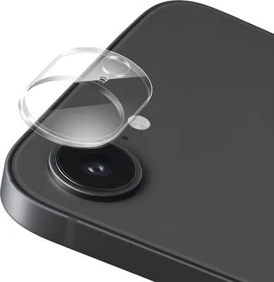 A close-up of a clear camera lens protector being placed on the camera lens of a dark-colored smartphone.