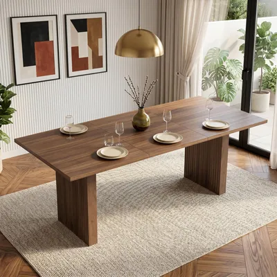 Productafbeelding van Uitschuifbare eettafel, 140–200 x 90 cm, rechthoekig, tafelblad van 3 cm dik, synchron bewegende lamellenpoten, MDF in notenhoutkleur, geschikt voor 6–8 personen, belastbaar tot 60 kg