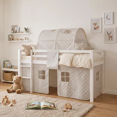 Produktbild von Homestyle4u Hochbett 90x200 Kinder Weiß ohne Lattenrost mit Tunnel Sternen Vorhang mit Rausfallschutz