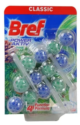 Product packaging for Bref Power Aktiv toilet bowl cleaner with pine scent.