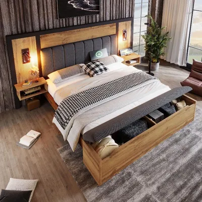 Produktbild von Polsterbett 180x200cm Bettanlage mit Leselampen, Bettgestell mit Lattenrost, Nachttischen mit Stauraum, USB und Type C Anschluss, Sitzbank