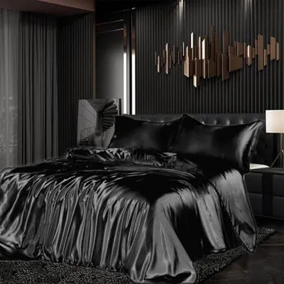 Produktbild von Schwarzes Luxus-Bettwäschenset 200x220 cm - Seidenartige Bettwäsche mit Kissenbezügen - 3-teiliges atmungsaktives und hautfreundliches