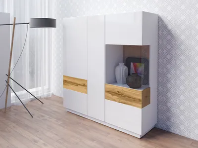 Obrázek produktu pro Vysoká třídveřová komoda SHADI, bílá + dub wotan