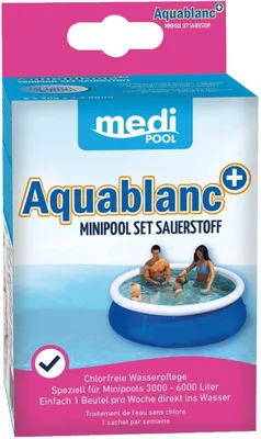 The image shows the packaging of a swimming pool water treatment product, with a family enjoying a minipool in the background.