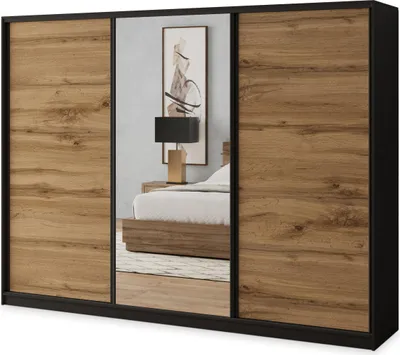 Produktbild von Masseno Schiebetürenschrank SORE 250/205/58 cm Kleiderschrank mit 4 Schubladen Schlafzimmer Schrank 3-türig mit Spiegel Schwarz / Eiche Wotan