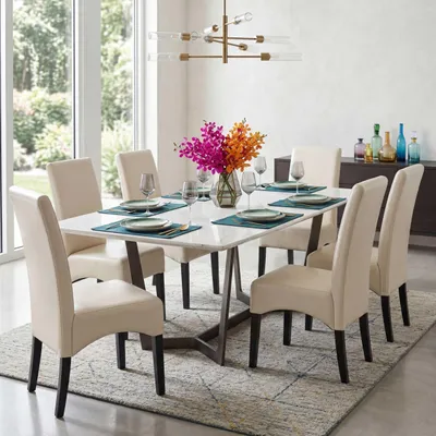 Immagine prodotto di set di 6 sedie per sala da pranzo Sedia da cucina Sedia Latina, PELLE ~ crema, gambe scure