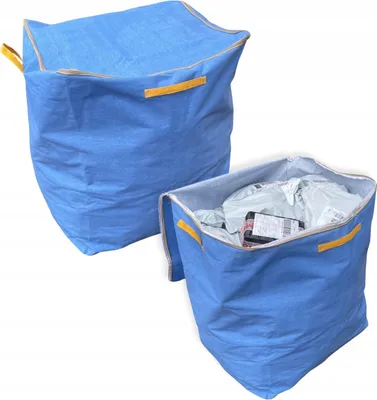 Two blue laundry bags, one empty and one filled with items, are shown against a white background.