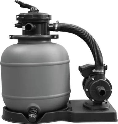 A sand filter system for a pool, consisting of a large gray tank and a black pump connected by a flexible hose, all mounted on a black base.
