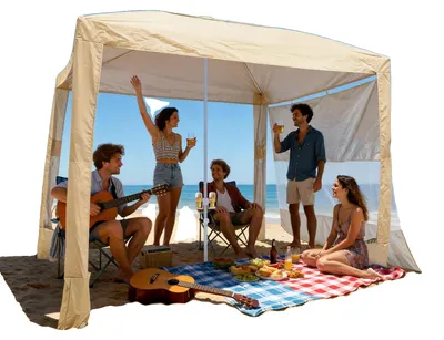 Produktbild von VEVOR Strandcabanas, 2,4 x 2,4 m Strandüberdachung mit Seitenwand, UPF 50+ Schutz, einfach aufzubauendes Cabanazelt mit Sandtaschen, höhenverstellbarer tragbarer Schatten-Sonnenschutzschirm für die Familie, marineblau gestreift, 240x240 cm-b, Khaki