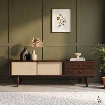 Produktbild von Lowboard SIMONA 175 cm mit Rattangeflecht aus Kiefer Massivholz, Nussbaum Finish – TV-Board im Mid-Century Design, Lowboard mit 2 Schubladen und Schiebetüren, Retro TV-Schrank für das Wohnzimmer