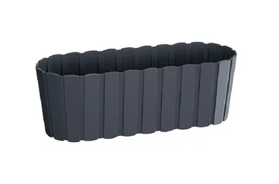A dark gray planter box shown from a slightly elevated side angle against a white background.