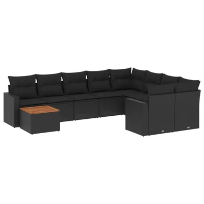 Produktbild von Modulare Garten-Sofagarnitur, 10-teilige Lounge-Sitzgruppe, wetterfestes PE-Rattan, Akazienholz-Tischplatte, schwarz, mit 20 Kissen, UV-beständig