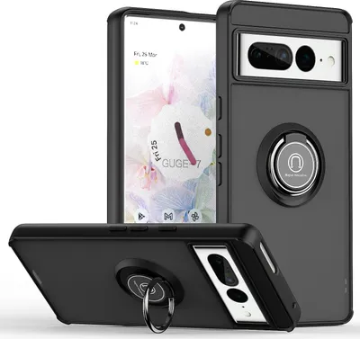Produktbild von Google Pixel 7 Pro Hülle, Ring Halter Ständer Matte Transluzent TPU Rahmen Stoßfest Schutzhülle für Google Pixel 7 Pro Schwarz