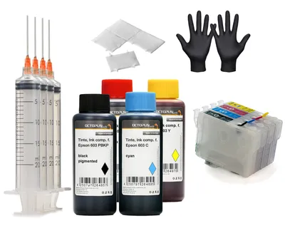 Zdjęcie produktu dla Wkłady wielokrotnego napełniania typu „Fill In” kompatybilne z drukarką Epson 603, z chipem automatycznego resetowania i atramentem do drukarki (4 x 100 ml)
