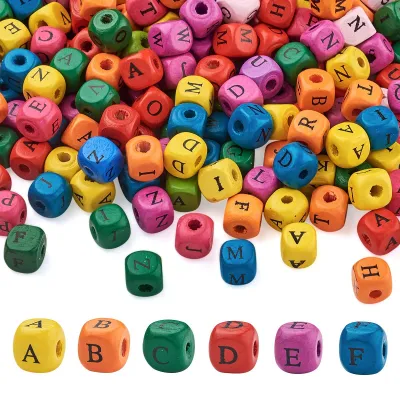 Image de Perles en forme de cubes en bois, 500 pièces, 10 mm, lettres de l'alphabet en noir, pour macramé/bricolage, légères et robustes