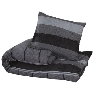 A folded duvet and pillow with a striped pattern.