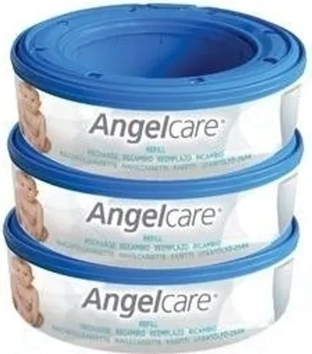 Three stacked Angelcare diaper pail refills with blue lids and white bodies, featuring a baby illustration and brand name.