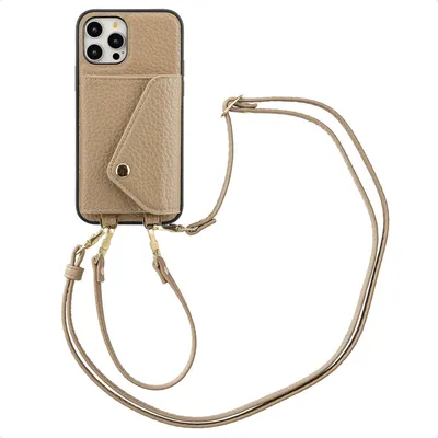 Productafbeelding van Selencia Sera telefoonhoesje met koord en opklapbare kaarthouder voor iPhone 12 (Pro) - Taupe