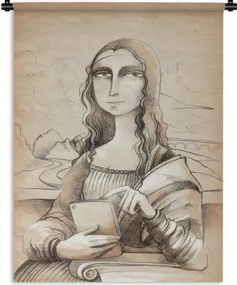 Produktbild von MuchoWow® Wandteppich Wandbehang Illustration der Mona Lisa mit einem Telefon 150x200 cm Tapisserie Dekoration Wandtuch - Wandaufhängung - Moderner