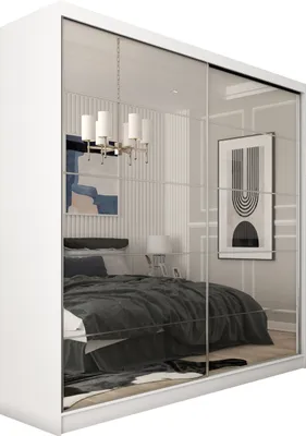 Produktbild von MEBLINI Kleiderschrank mit Spiegel, 2 Türen - Schwebetürenschrank mit Kleiderstange - Schlafzimmerschrank mit Einlegeböden - Wardrobe closet - FLORES - 200 cm - Weiß + Spiegel