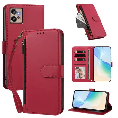 Obrázek produktu pro Peněženkové pouzdro pro Motorola Moto G32,Polyuretankožené pouzdro s přihrádkami na karty, stojánkem a poutkem na ruku Červená