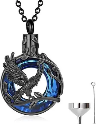 Zdjęcie produktu dla naszyjnik z popiołu z łańcuszkiem o długości 55 cm - Pamiątkowa biżuteria na popiół, włosy lub perfumy - W komplecie pojemnik na popiół i woreczek do przechowywania - Black Bird