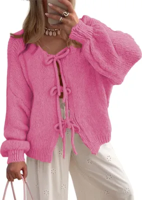 Produktbild von ASKSA Damen Strickjacke Schleife Vorne Strick Cardigan Strickpullover Puffaermel Herbst Winter Open Front Pullover Locker Outwear (Rosarot,M)