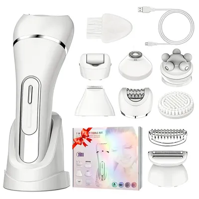 Produktbild von Damen Gesichtshaarentferner, 7-in-1 wiederaufladbar, mit LED-Akkuanzeige, Gesichtsrasierer, Augenbrauen- & Nasenhaarschneider, weiß