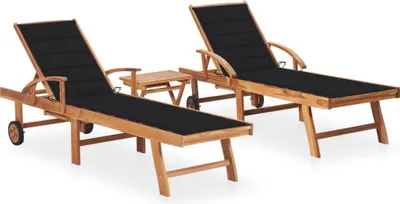 Produktbild von Sonnenliegen 2 Stk. mit Tisch und Auflagen Massivholz Teak