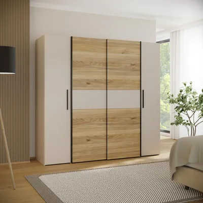 Produktbild von Forte KALIXTUS Kleiderschrank 200, moderner Dreh-/Schwebetürenschrank, 4-türig, geräumig, Holzwerkstoff, Eiche Holzdekor / Kaschmir Beige, 200,1 cm breit x 190,5 cm hoch x 61,2 cm tief