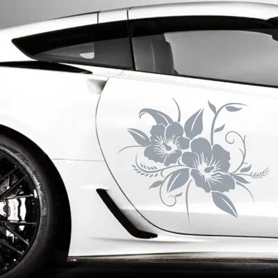 Produktbild von Aufkleber - 2er Set Autoaufkleber "Hibiskusblüten" je 50cm x 60cm silber - Tuning Carystyling Heckscheibe Auto