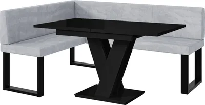 Produktbild von MEBLINI Eckbank für Esszimmer mit ausziehbarem Tisch  - Küchenbank - Essecke - Sitzecke Küche - TONI - U-Beine 128x168x87cm Links - Hellgrau Samt/M Schwarz Hochgl.