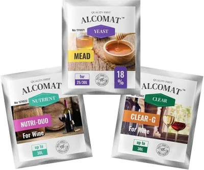 Zdjęcie produktu dla SET Alcomat Miód Drożdże + Składniki odżywcze + Środek klarujący | Drożdże fermentacyjne Drożdże destylacyjne Drożdże winne | do wina, drożdże miodowe | Nutri Duo | Clear-G | Miód pitny