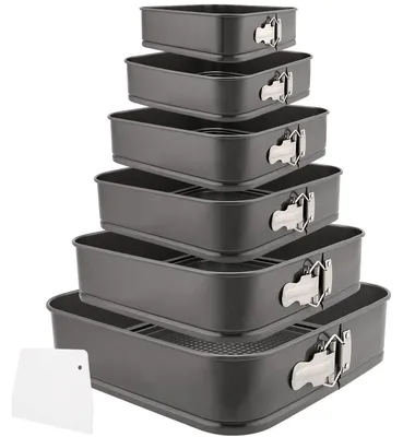 6er-Set quadratische Backformen, 18–28 cm, mit Tortenabstreicher