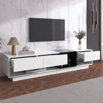 Zdjęcie produktu dla RTV stojak - biały, wysoki połysk - 190x40x34 cm - z trzema szufladami i otwartymi półkami