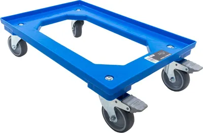 A blue plastic dolly with four wheels and gray brake levers, shown from a slightly elevated diagonal angle against a white background.