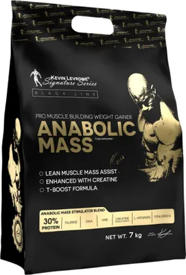 A black bag of Kevin Levrone Anabolic Mass weight gainer supplement with gold lettering and graphics.