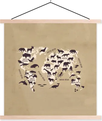 Produktbild von MuchoWow® Textilposter Weltkarte Kinder - Tiere - Braun 120x120 cm mit holzfarbenen Rahmen - Textil-Poster