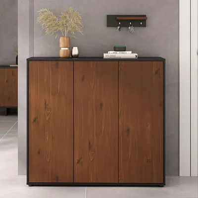 Produktbild von Schuhschrank MIRAN mit 3 Türen, Schwarz/Kastanie Finish - Platzsparender Schuhorganizer, Schuhregal Schmal, Schuhaufbewahrung aus Holz, Ideal für Flur und Ankleideraum, Stauraum für ca. 25 Paar Schuhe