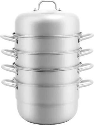 Image de Cuiseur vapeur - Marmite vapeur - 5 niveaux - Acier inoxydable 304 - Volume 9 L - 3 paniers vapeur + 1 casserole - Rond - Argent