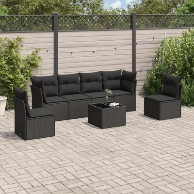 Image de vidaXL Ensemble de salon de jardin 7 pièces avec coussins noir poly rotin